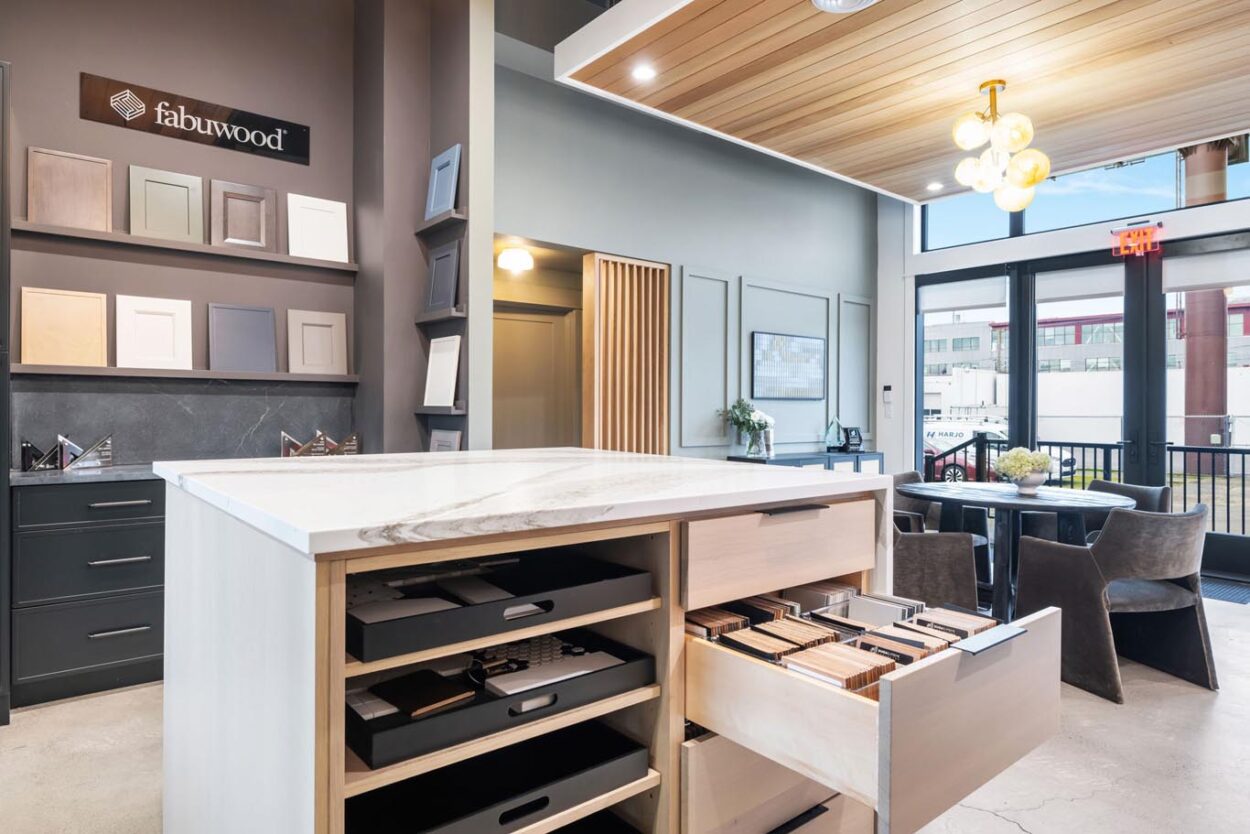 harjo showroom in seattle with cabinet finish options and door samples