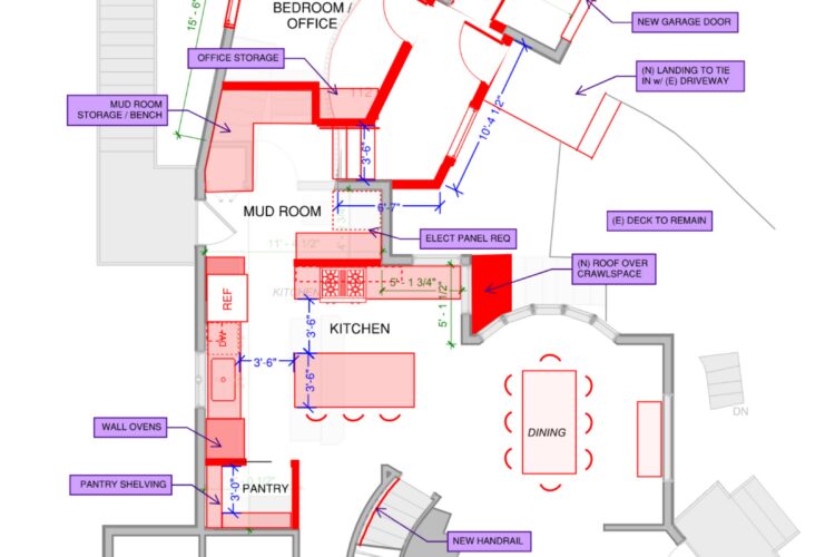 This is the schematic design presented to the clients of our Magnolia Village Major Remodel project, featuring a kitchen island running the other direction than the clients envisioned.