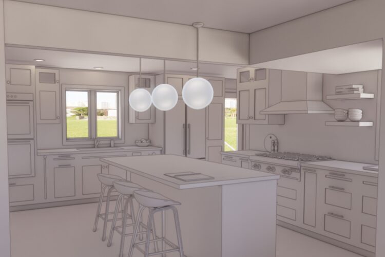 This is the white rendering prepared during the Design Development phase, an evolution from the schematic design floorplan above.