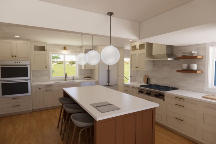 Rendering of kitchen, with island rotated from where it previously lived