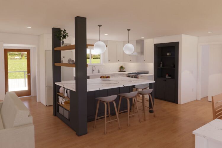 Rendering of kitchen project, with concealed structural post in the island