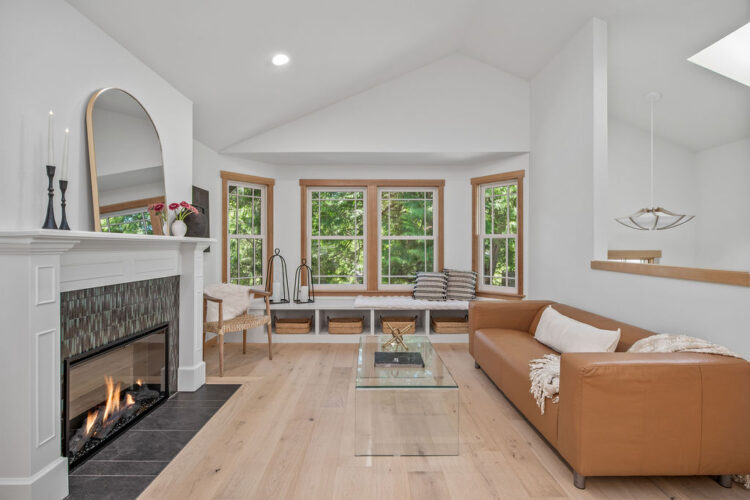 matthews beach seattle remodel living room fireplace and built-in bench