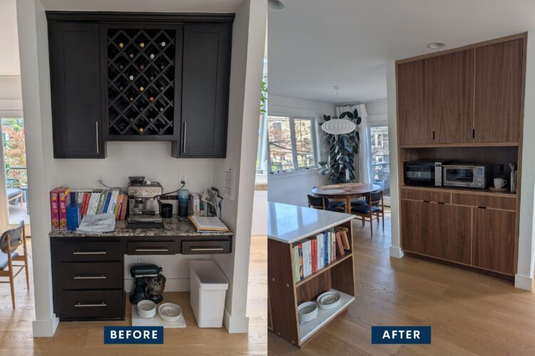 refine-organzing-kitchen-remodel-desk-before-after Before and after photo of the desk nook turned pantry in Kari Lonczak's kithcen remodel. Kari is a professional organizer with tips for anyone thinking about a kitchen remodel.