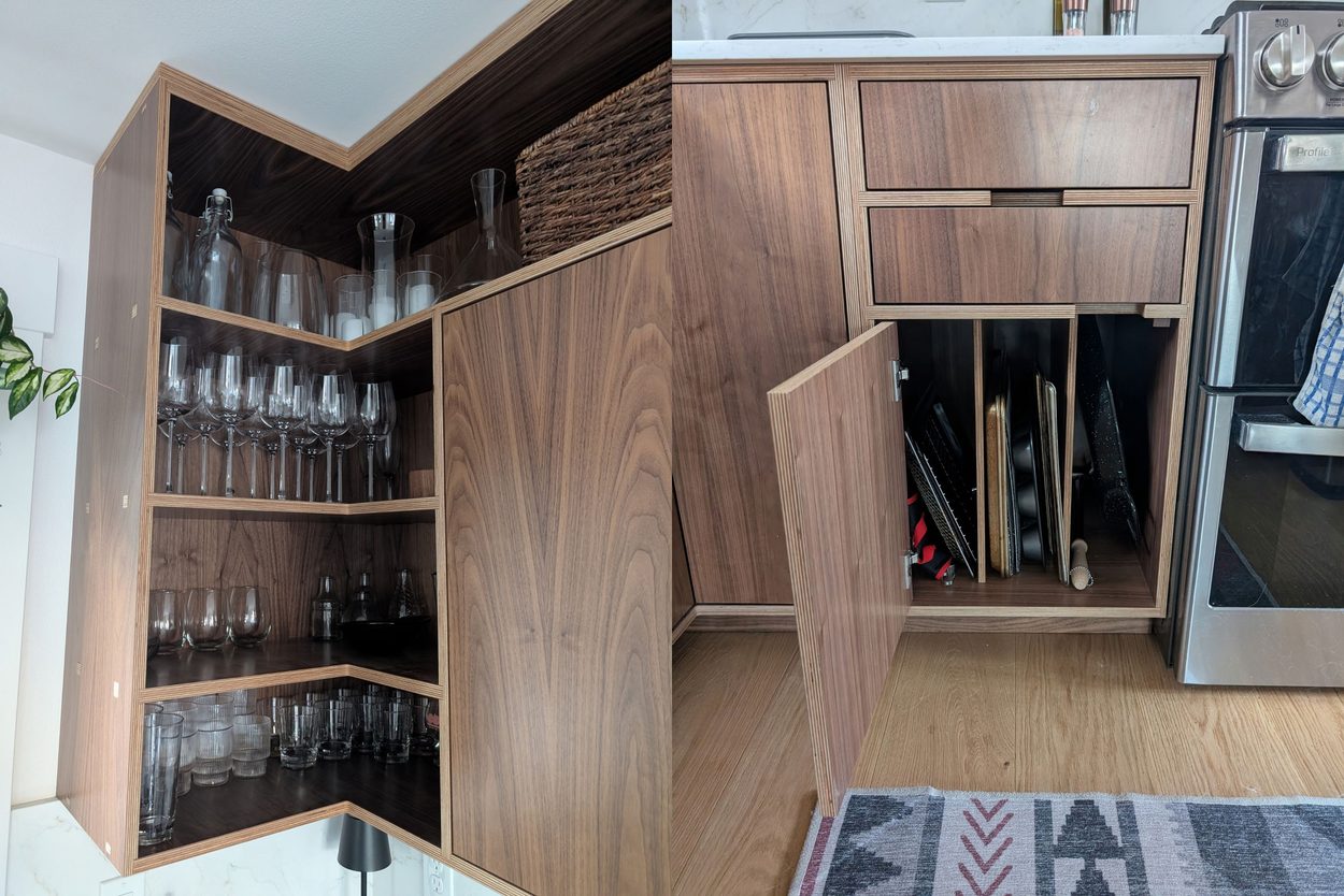 refine-organzing-kitchen-remodel-glassware-baking-storage After photos of Kari Lonczak's kithcen remodel, specifically her glassware and baking tray storage. Kari is a professional organizer with tips for anyone thinking about a kitchen remodel.